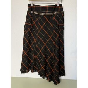 Forwear New York Plaid Asymmetrical Fringe Midi Skirt Cargo Pockets Size 10